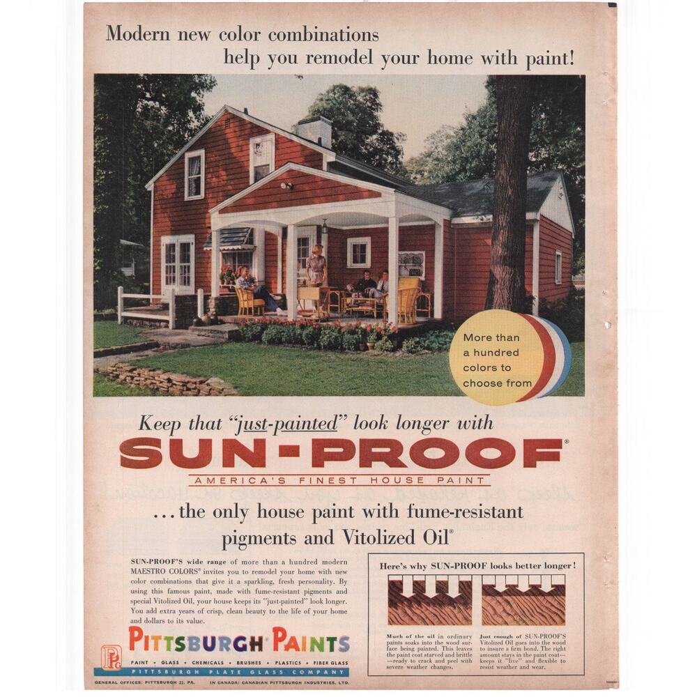 Pittsburgh Paints Magazine Advertisement 1957 Vintage Sun Proof House Paint